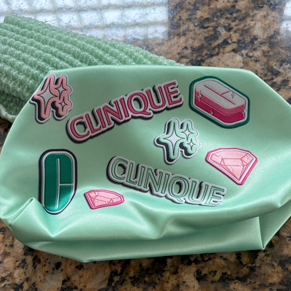 Clinique New Mint Green Cosmetic Pouch with Pink and Teal Accents